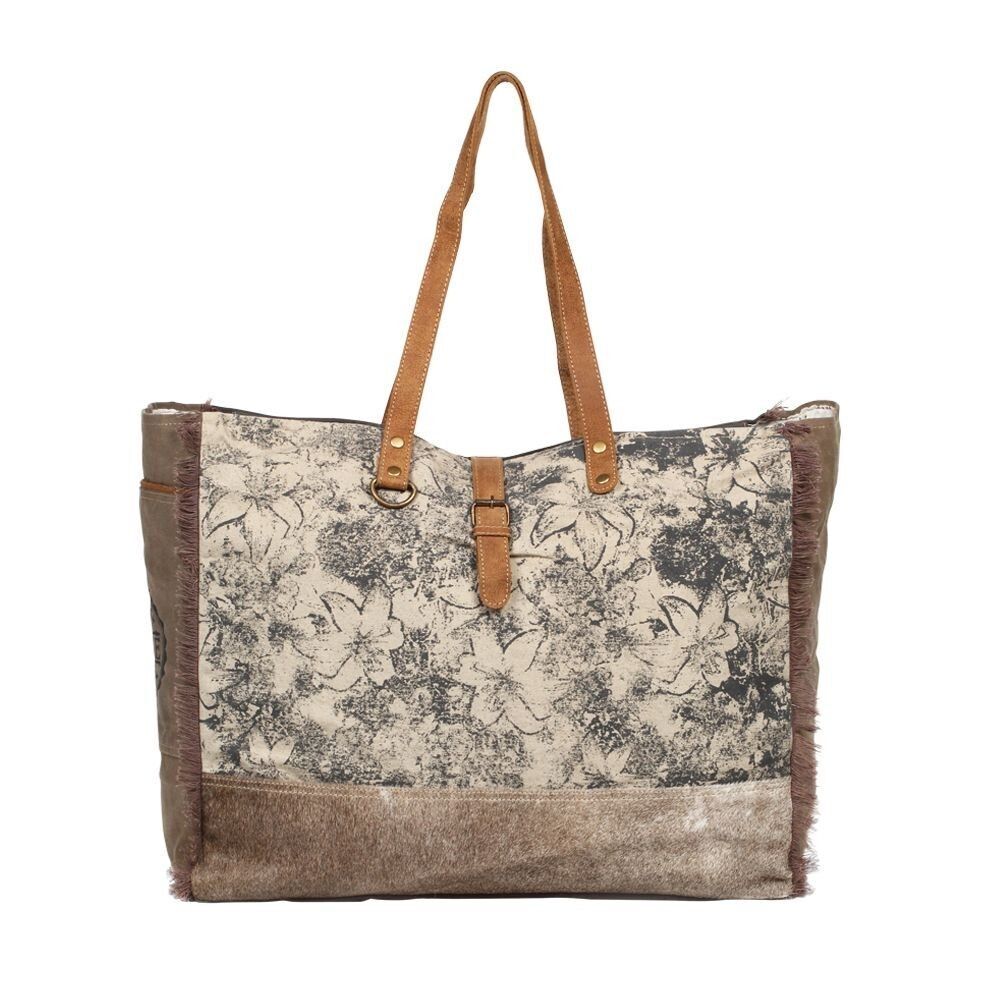 Myra Bag Handmade Floweret Weekender Tote Bag Upcycled Canvas & Cowhide Leather - Picture 2 of 4